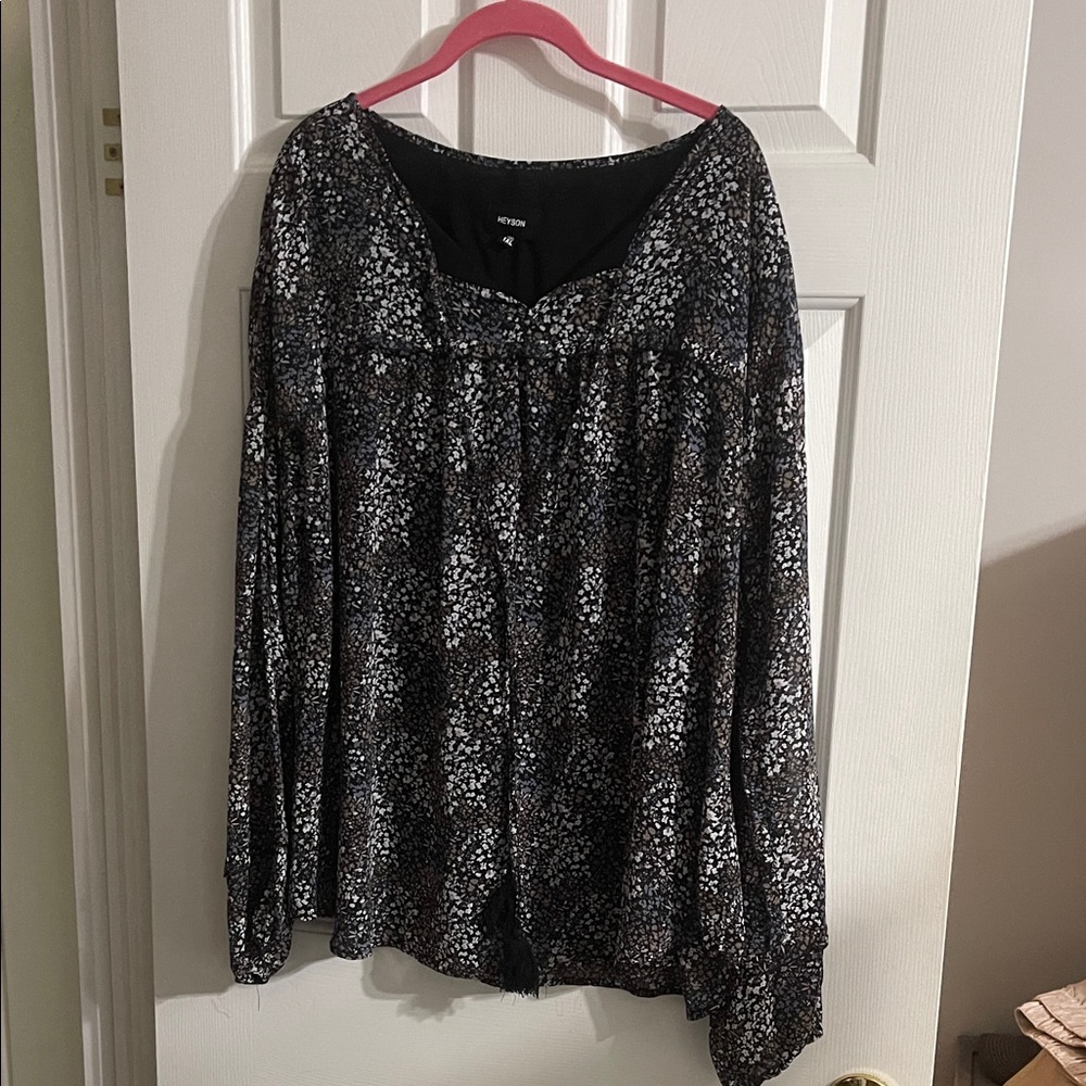 Women's Black Floral-Print Long Sleeve Blouse